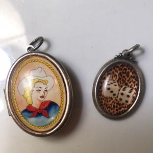 2 retro/vintage rockabilly pendants EUC- cowgirl locket & leopard print w/dice